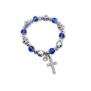 Crystallized Glass Cross Bracelet Ceramic Flower Beads Religious Christian Bangl